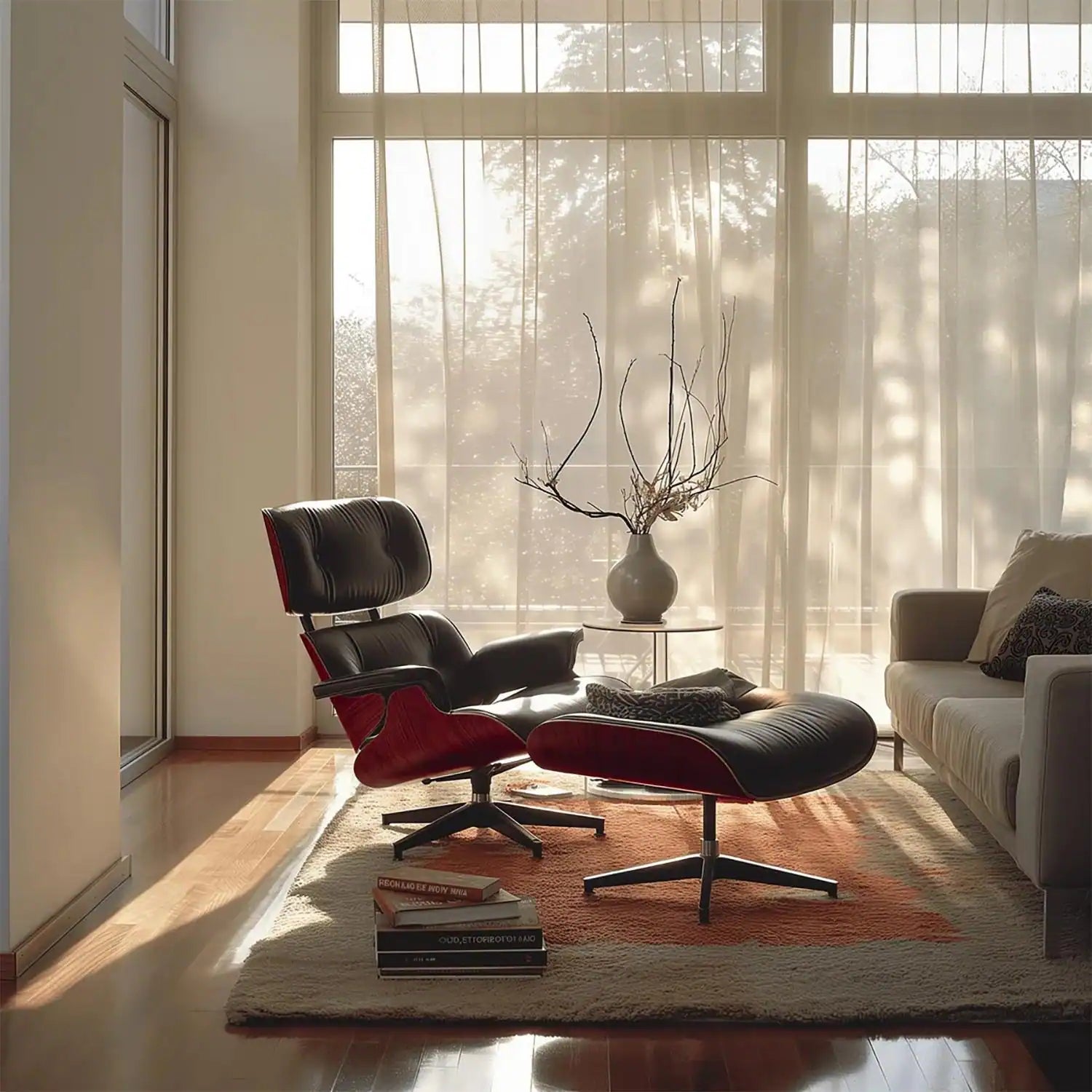 Mid-Century Full Grain Leather Accent Chaise Lounge Chair and Ottoman