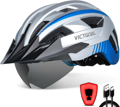 VICTGOAL Bike Helmet with USB Rechargeable Rear Light Detachable Magnetic Goggles Removable Sun Visor Mountain & Road Bicycle Helmets for Men Women Adult Cycling Helmets