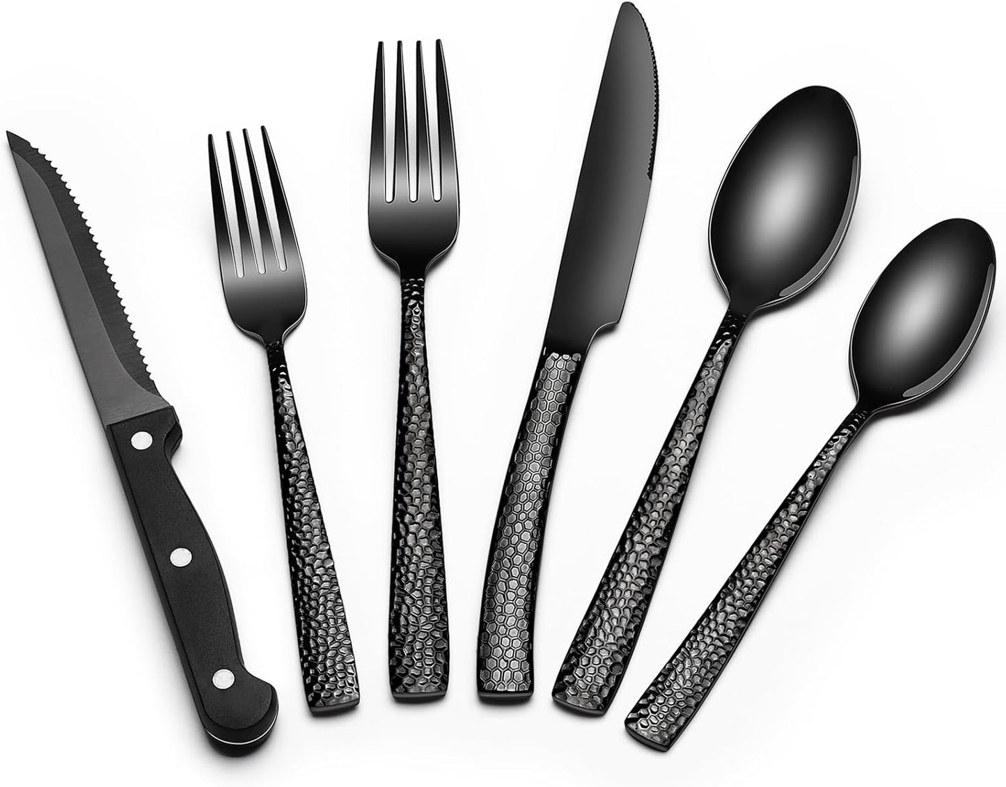 EWFEN 24-Piece Black Silverware Set with Steak Knives, Black Flatware Set for 4, Food-Grade Stainless Steel Tableware Cutlery Set, Mirror Finished Utensil Sets for Home Restaurant, round Edge