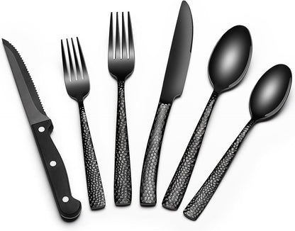 EWFEN 24-Piece Black Silverware Set with Steak Knives, Black Flatware Set for 4, Food-Grade Stainless Steel Tableware Cutlery Set, Mirror Finished Utensil Sets for Home Restaurant, round Edge