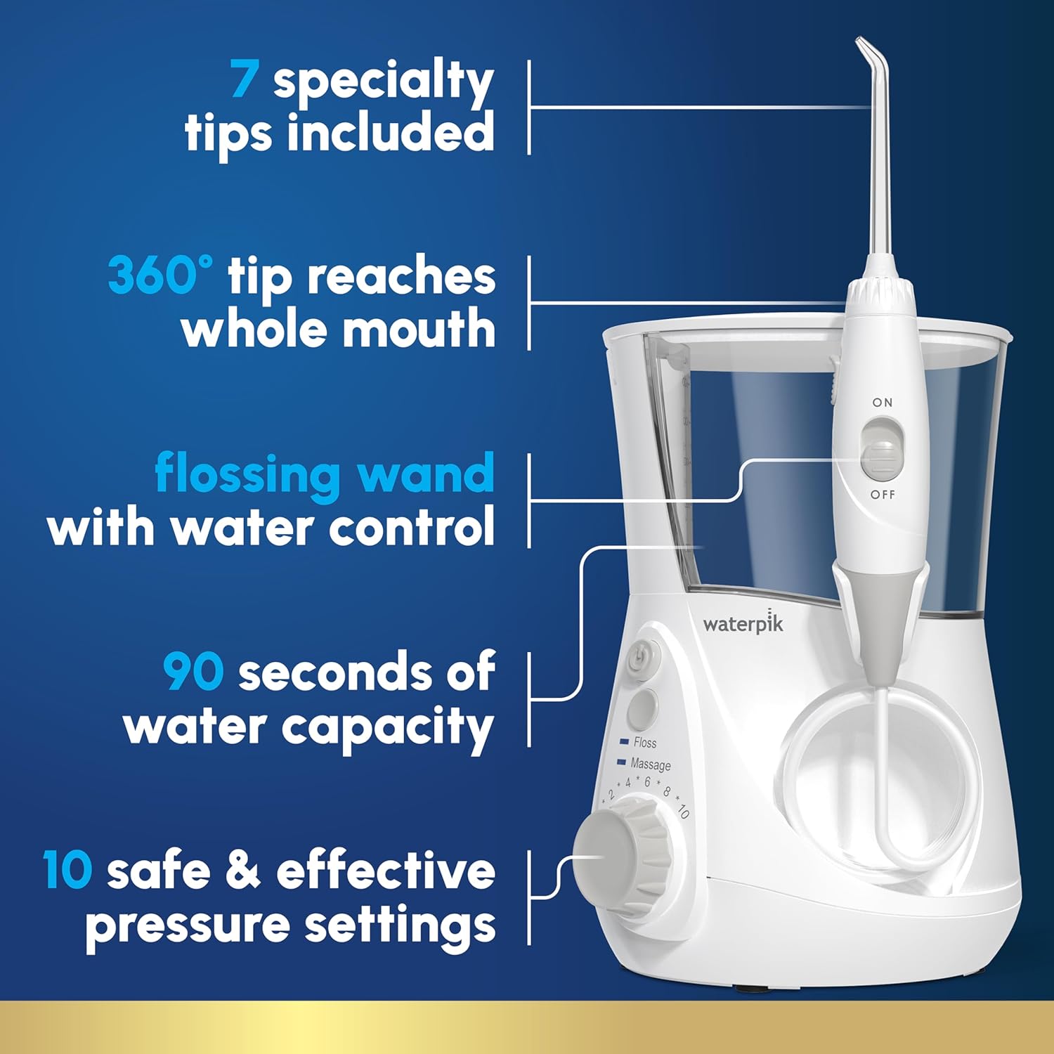 Aqua Pulse™ Water pik Aquarius Water Flosser for Teeth Cleaning, Gums, Braces, Dental Care, Electric Power with 10 Settings, 7 Tips for Multiple Users and Needs, ADA Accepted, White WP-660, Packaging May Vary