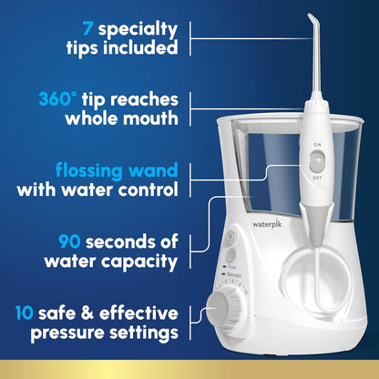 Aqua Pulse™ Water pik Aquarius Water Flosser for Teeth Cleaning, Gums, Braces, Dental Care, Electric Power with 10 Settings, 7 Tips for Multiple Users and Needs, ADA Accepted, White WP-660, Packaging May Vary