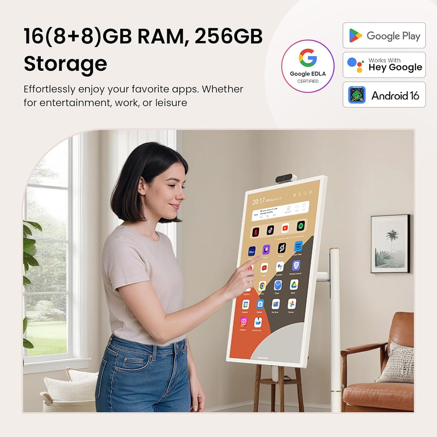 Apolosign 32'' UHD 4K Smart Portable TV 2Nd Gen, 16(8+8) GB RAM+256GB, Android 16, Edla-Certified, Portable Touch Screen Monitor, Built-In 15000Mah Battery, Full Swivel Rotation, Voice Remote Control