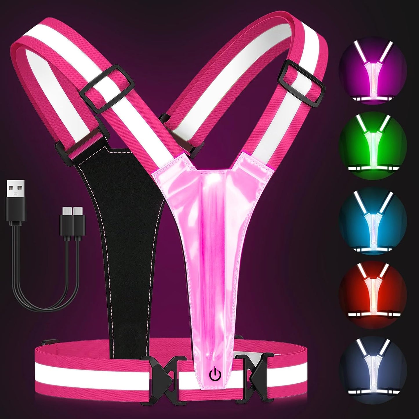 Zacro LED Reflective Vest Running Gear, 5 Lights Colors High Visibility Reflective Running Gear Rechargeable Light up Running Vest for Walking Running Cycling, Adjustable for Men Women Kids