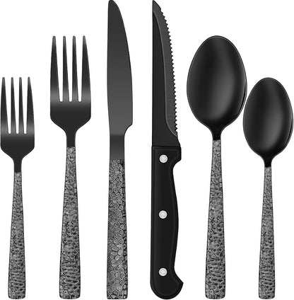 EWFEN 24-Piece Black Silverware Set with Steak Knives, Black Flatware Set for 4, Food-Grade Stainless Steel Tableware Cutlery Set, Mirror Finished Utensil Sets for Home Restaurant, round Edge