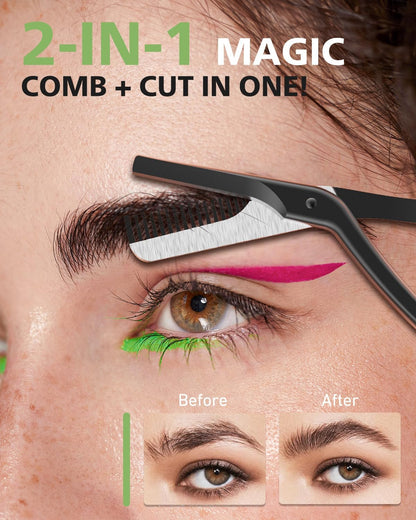 BALUCA Eyebrow Scissors with Comb | Professional Stainless Steel Eyebrow Trimmer for Women & Men | Dual-Design Precision Eye Brow Trimmer Scissors for Effortless Grooming, Silver (Black)
