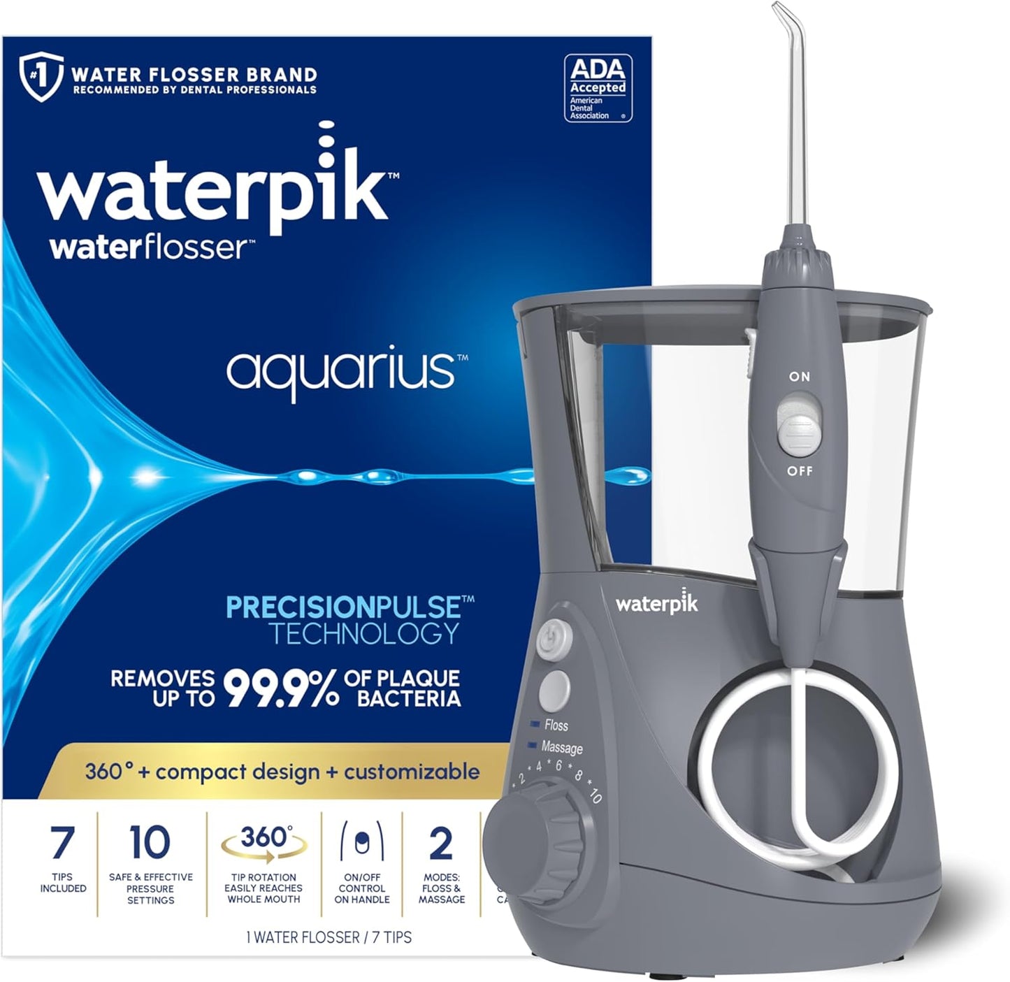 Aqua Pulse™ Water pik Aquarius Water Flosser for Teeth Cleaning, Gums, Braces, Dental Care, Electric Power with 10 Settings, 7 Tips for Multiple Users and Needs, ADA Accepted, White WP-660, Packaging May Vary
