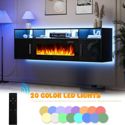 LEMBERI 70" Floating TV Stand with 36" Electric Fireplace, Wall Mounted Fireplace LED Light Entertainment Center with Storage, Fire Place TV Console with Highlight Cabinet for Living Room (Black)