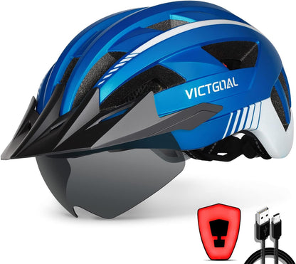 VICTGOAL Bike Helmet with USB Rechargeable Rear Light Detachable Magnetic Goggles Removable Sun Visor Mountain & Road Bicycle Helmets for Men Women Adult Cycling Helmets