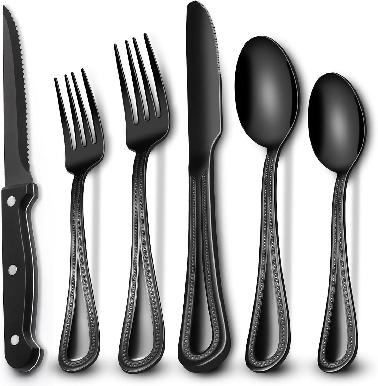 EWFEN 24-Piece Black Silverware Set with Steak Knives, Black Flatware Set for 4, Food-Grade Stainless Steel Tableware Cutlery Set, Mirror Finished Utensil Sets for Home Restaurant, round Edge