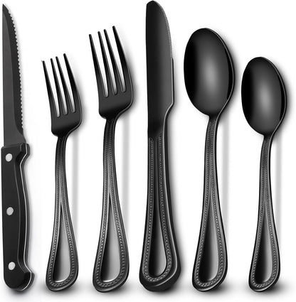 EWFEN 24-Piece Black Silverware Set with Steak Knives, Black Flatware Set for 4, Food-Grade Stainless Steel Tableware Cutlery Set, Mirror Finished Utensil Sets for Home Restaurant, round Edge