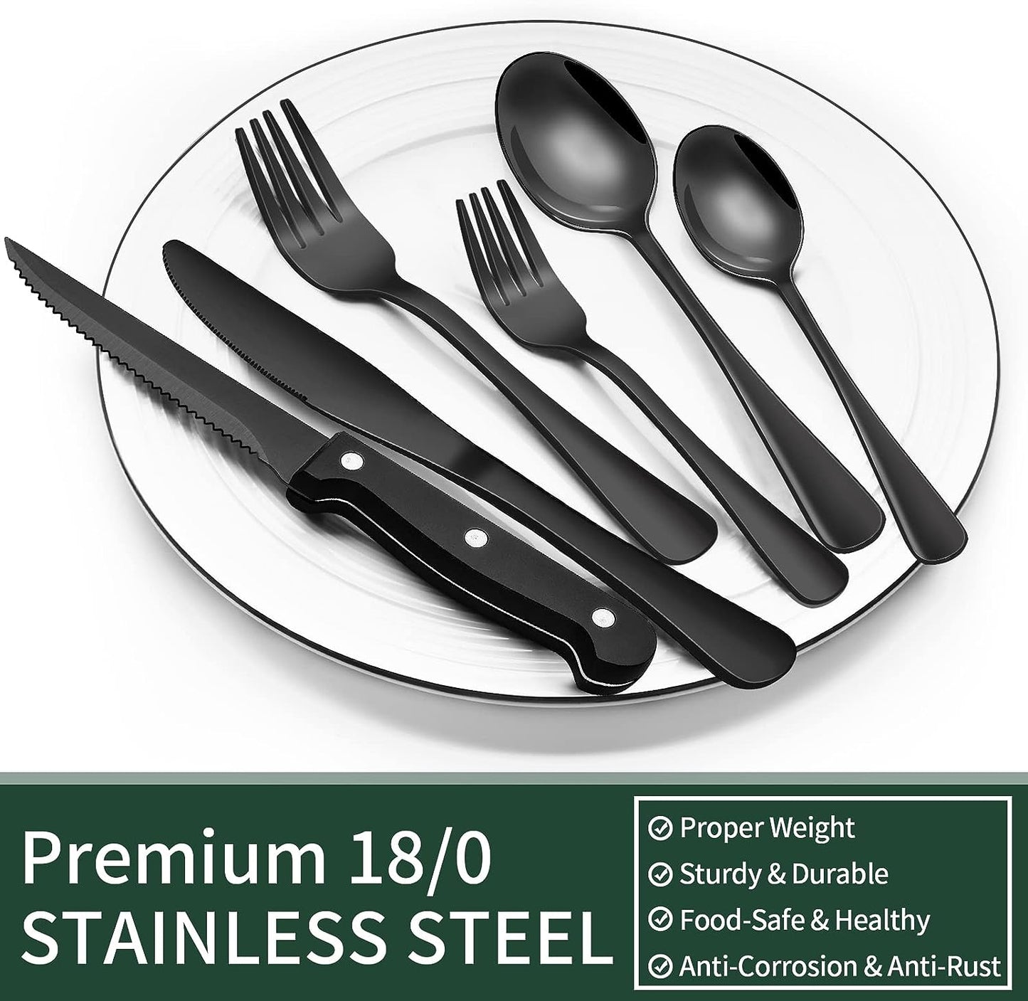 EWFEN 24-Piece Black Silverware Set with Steak Knives, Black Flatware Set for 4, Food-Grade Stainless Steel Tableware Cutlery Set, Mirror Finished Utensil Sets for Home Restaurant, round Edge