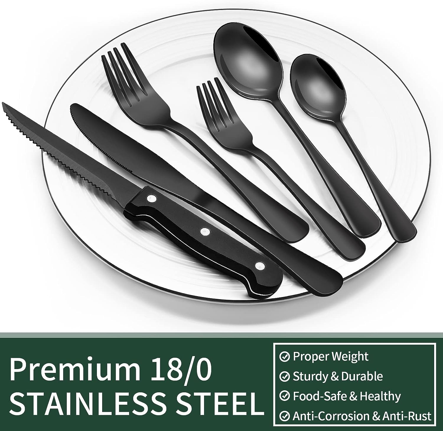 EWFEN 24-Piece Black Silverware Set with Steak Knives, Black Flatware Set for 4, Food-Grade Stainless Steel Tableware Cutlery Set, Mirror Finished Utensil Sets for Home Restaurant, round Edge