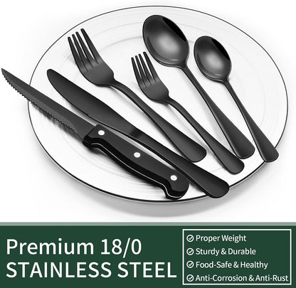 EWFEN 24-Piece Black Silverware Set with Steak Knives, Black Flatware Set for 4, Food-Grade Stainless Steel Tableware Cutlery Set, Mirror Finished Utensil Sets for Home Restaurant, round Edge