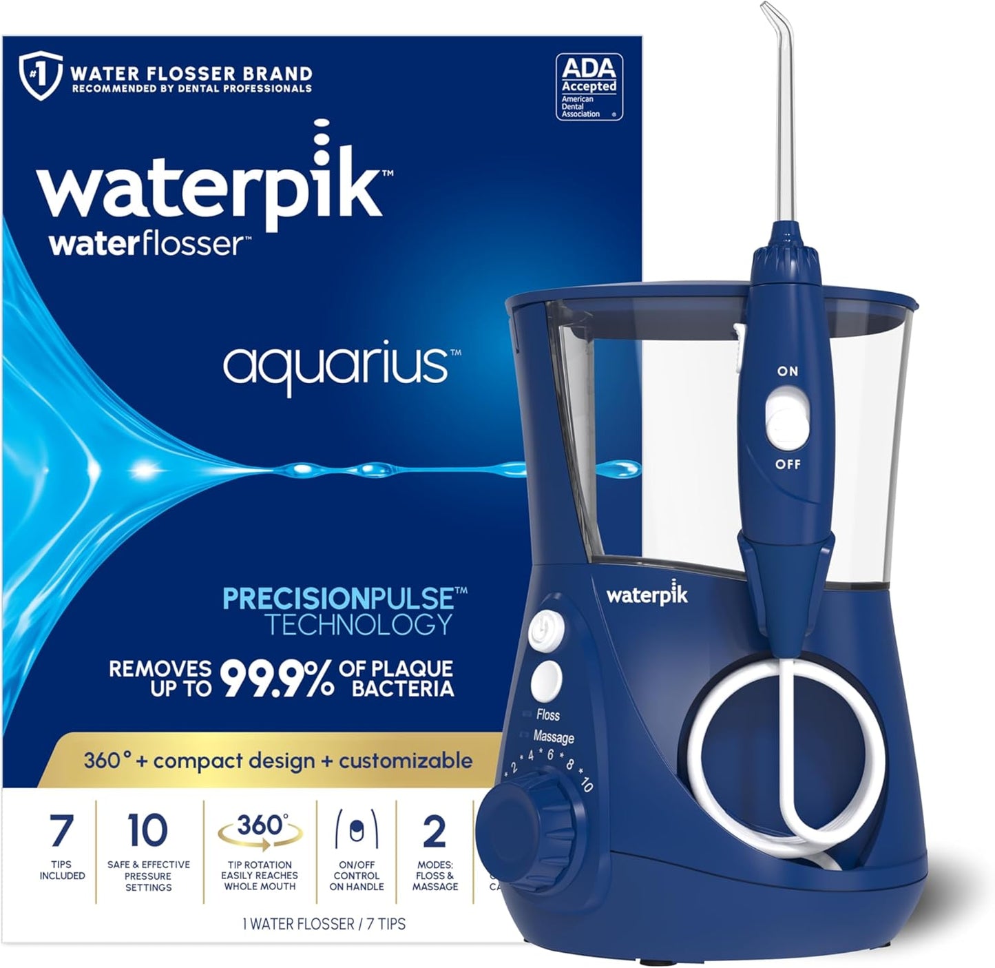 Aqua Pulse™ Water pik Aquarius Water Flosser for Teeth Cleaning, Gums, Braces, Dental Care, Electric Power with 10 Settings, 7 Tips for Multiple Users and Needs, ADA Accepted, White WP-660, Packaging May Vary