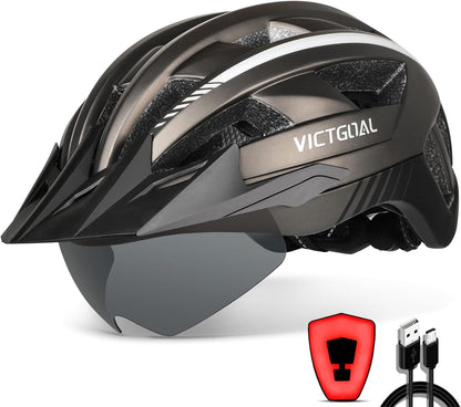 VICTGOAL Bike Helmet with USB Rechargeable Rear Light Detachable Magnetic Goggles Removable Sun Visor Mountain & Road Bicycle Helmets for Men Women Adult Cycling Helmets