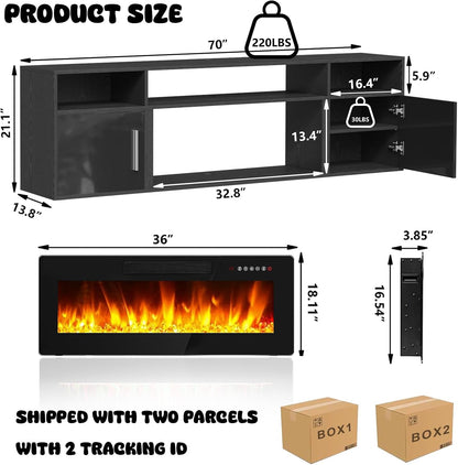 LEMBERI 70" Floating TV Stand with 36" Electric Fireplace, Wall Mounted Fireplace LED Light Entertainment Center with Storage, Fire Place TV Console with Highlight Cabinet for Living Room (Black)