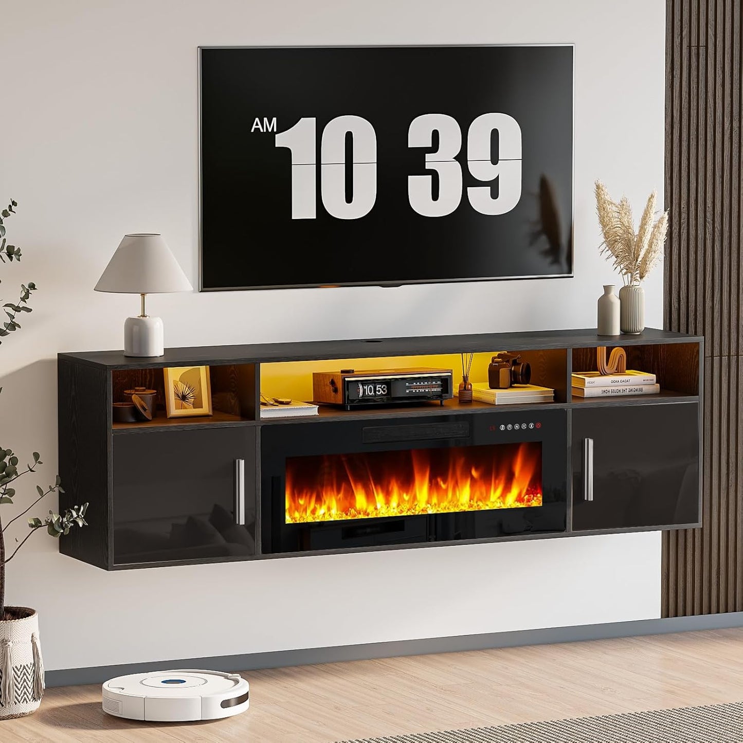 LEMBERI 70" Floating TV Stand with 36" Electric Fireplace, Wall Mounted Fireplace LED Light Entertainment Center with Storage, Fire Place TV Console with Highlight Cabinet for Living Room (Black)