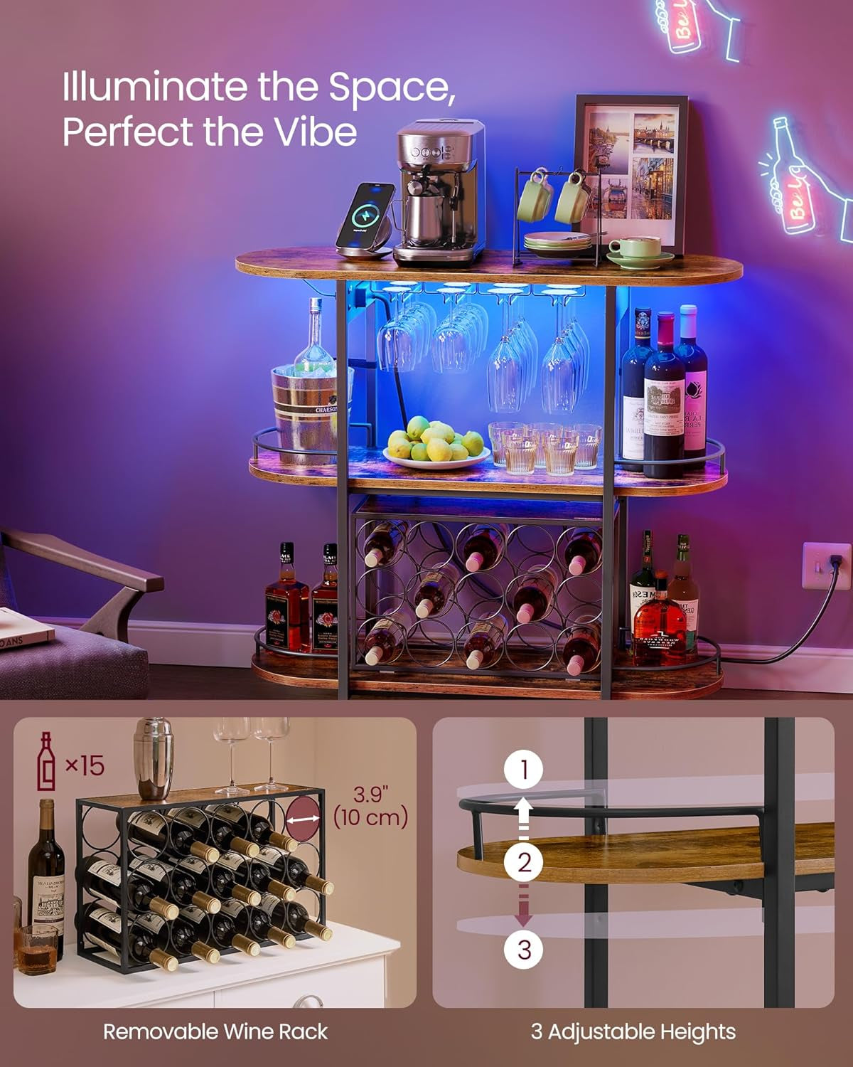 VASAGLE Bar Cabinet with LED Lights and Power Outlets, Freestanding Coffee Bar Wine Cabinet, Wine Rack, Glass Holder, Mini Bar for Liquor and Glasses, Kitchen, Dining Room, Rustic Brown ULWR007K01S