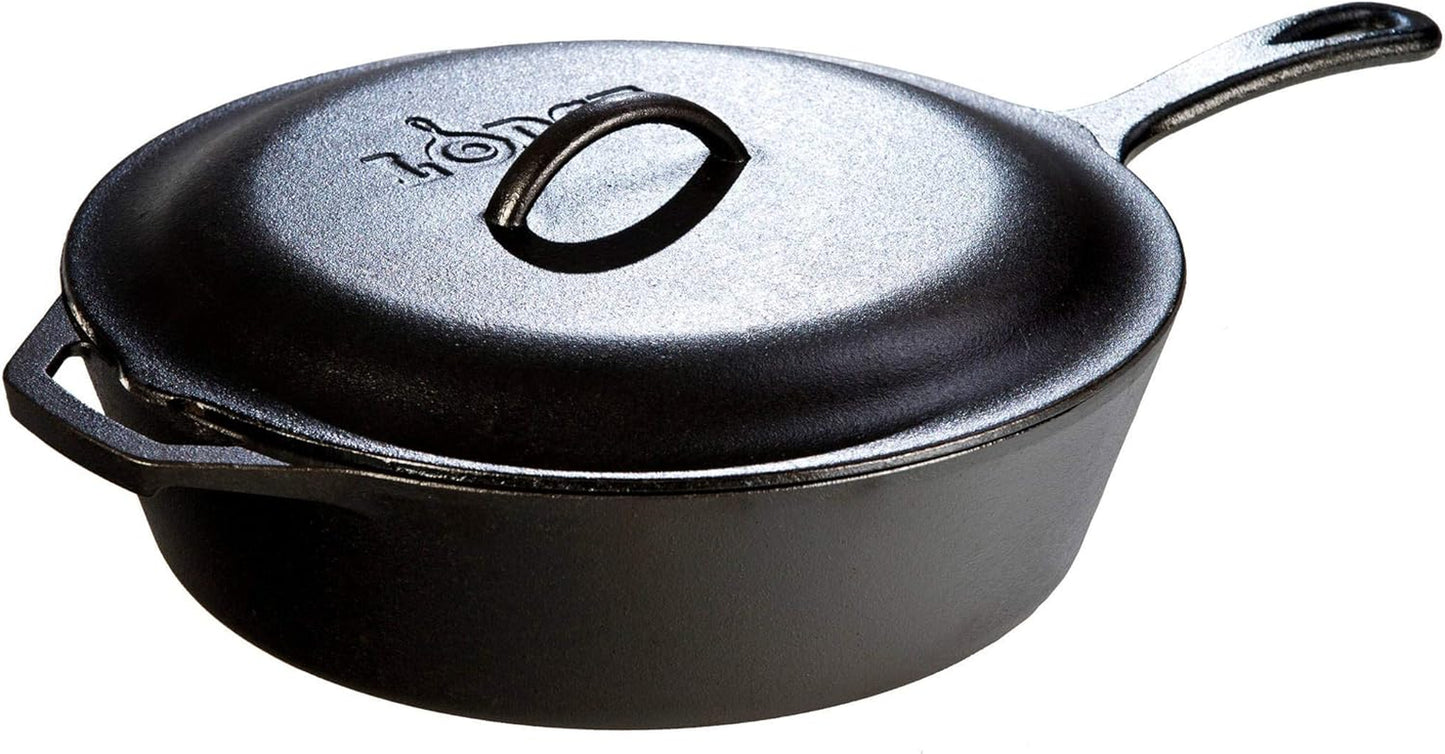 5 Quart Pre-Seasoned Cast Iron Deep Skillet with Lid - Signature Teardrop Handle & Assist Handle - Use in the Oven, on the Stove or Grill, or over a Campfire - Use to Sear, Sauté, Bake, Broil, Braise, Fry, or Grill - Black
