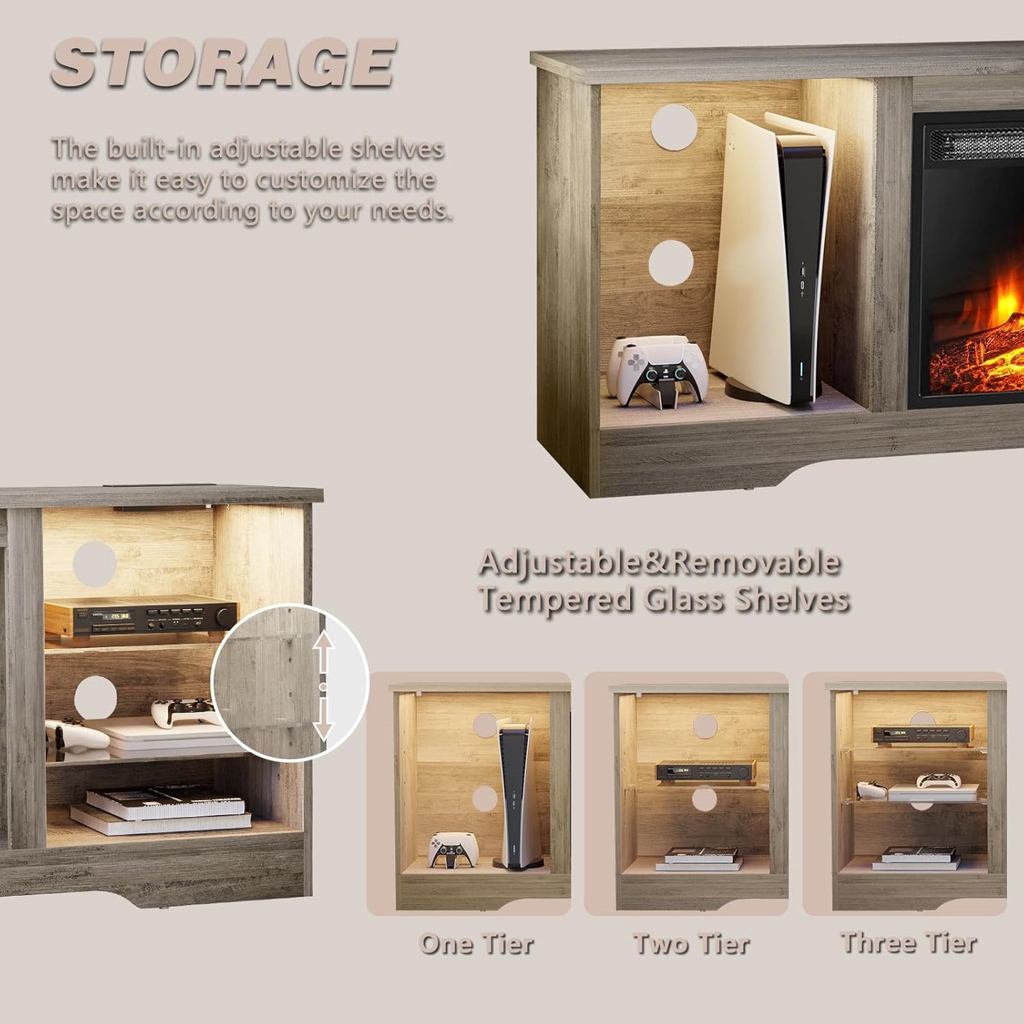 LEMBERI Fireplace TV Stand for up to 65 Inches Tvs, LED Modern Entertainment Center with Built-In Electric Fireplace Heater & Adjustable Glass Shelves, Media Console for Living Room, Grey