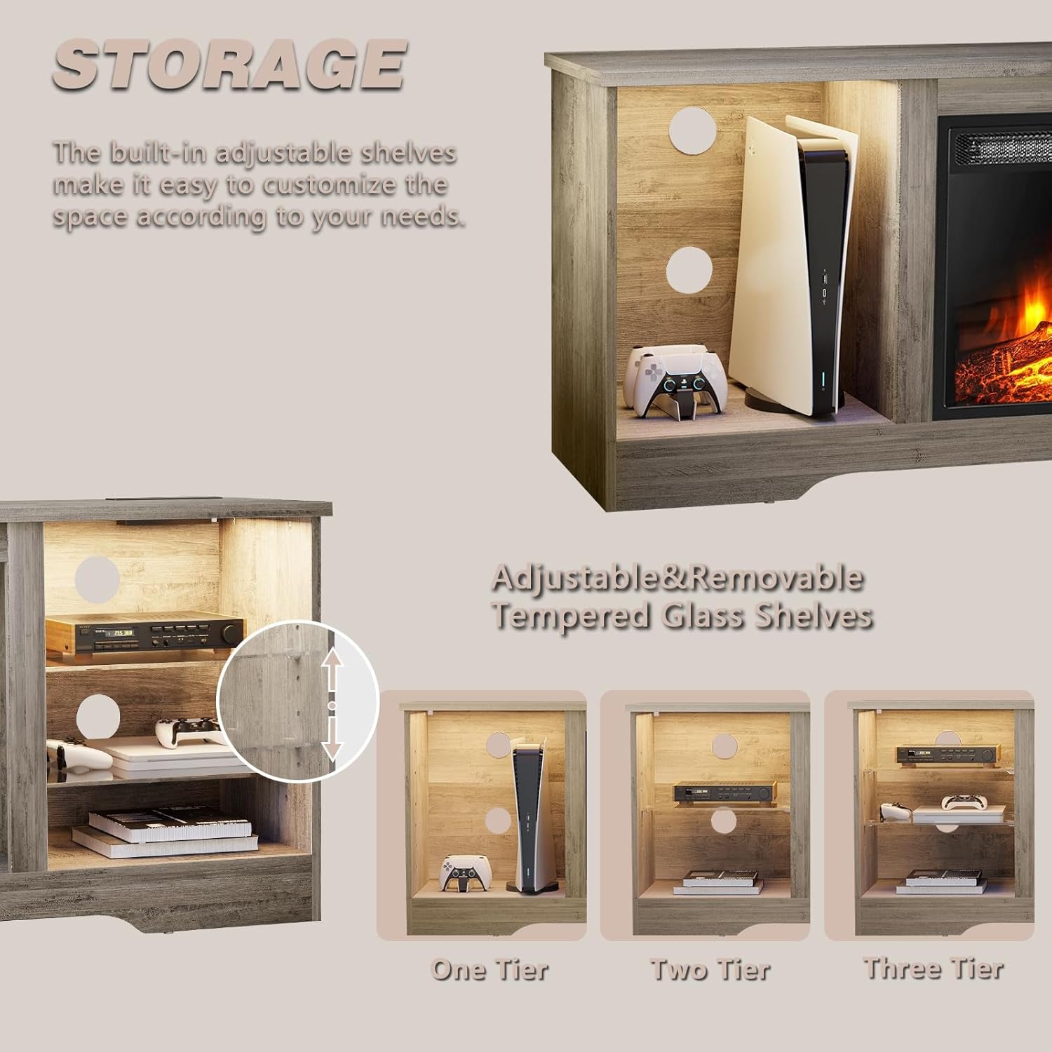 LEMBERI Fireplace TV Stand for up to 65 Inches Tvs, LED Modern Entertainment Center with Built-In Electric Fireplace Heater & Adjustable Glass Shelves, Media Console for Living Room, Grey