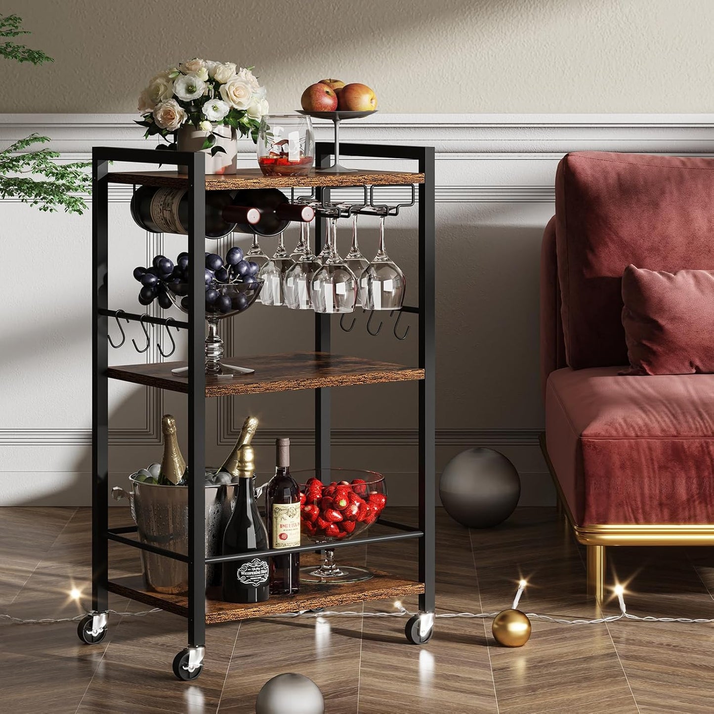 TUTOTAK Bar Cart, Home Bar Serving Cart with 3-Tier Shelf, Drink Cart with Wine Rack, Glass Holder, Rolling Bar Carts for the Home, Living Room, Brown BC01BB035