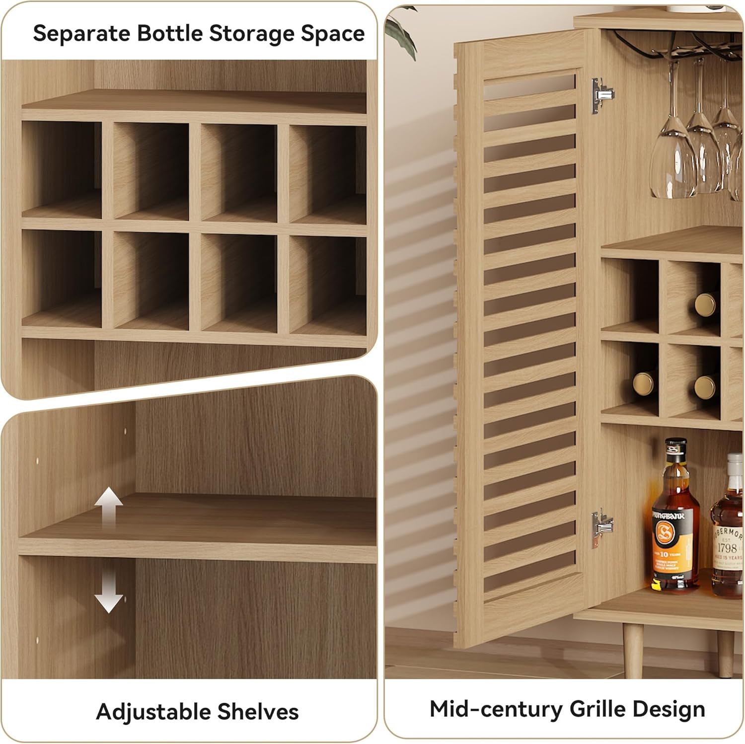 ZOSQUARE Mid Century Bar Cabinet with Wine Racks, Modern Liquor Cabinet with Slatted Doors for Dining Room, Living Room (Natural Color)