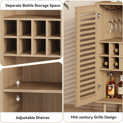 ZOSQUARE Mid Century Bar Cabinet with Wine Racks, Modern Liquor Cabinet with Slatted Doors for Dining Room, Living Room (Natural Color)