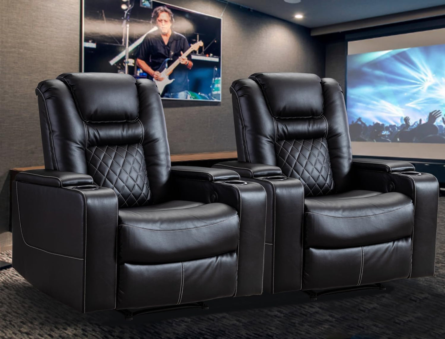 CANMOV Electric Power Recliner Chair with USB Ports and Cup Holders, Breathable Leather Home Theater Seating with Hidden Arm Storage (Black)
