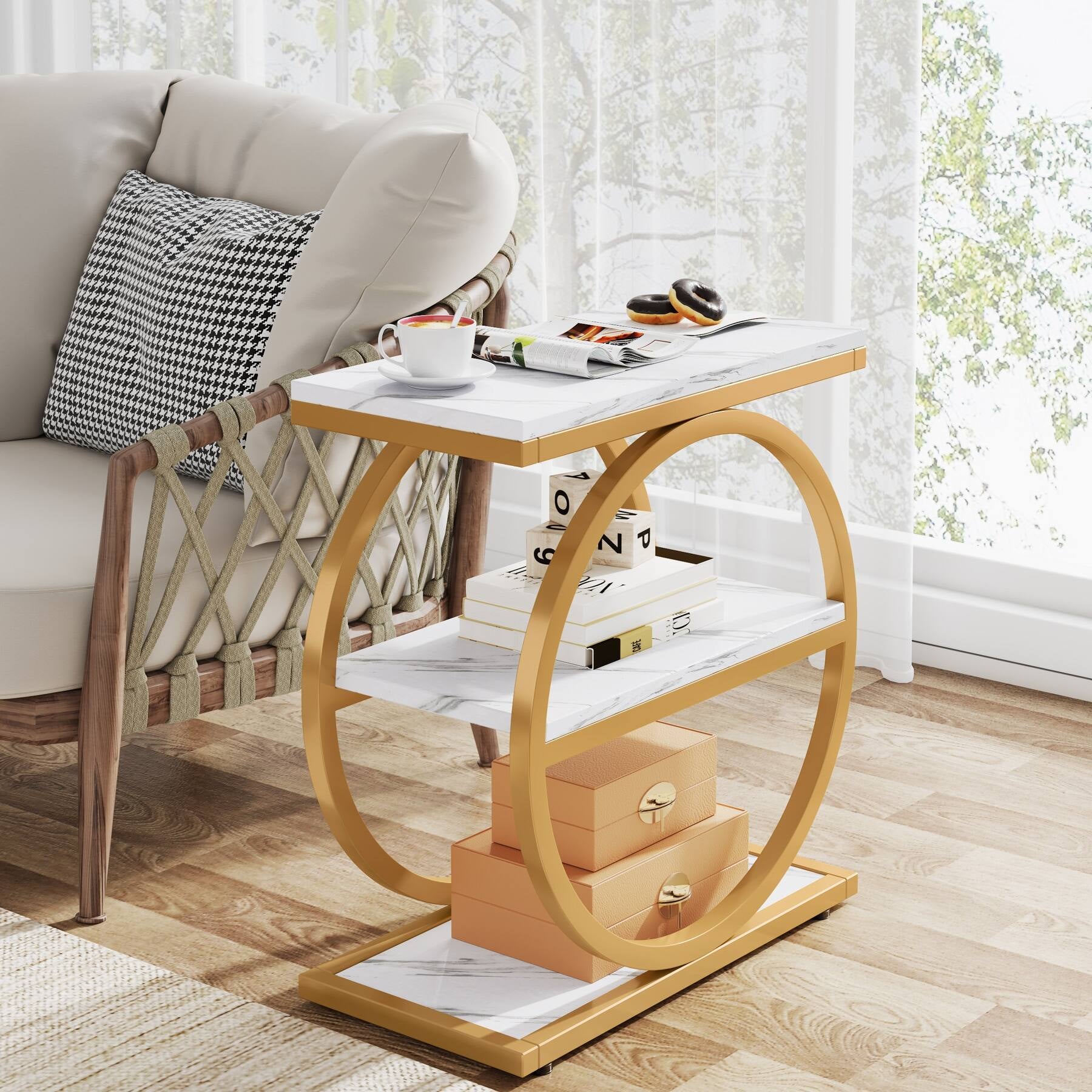 Narrow End Table with 3 Storage Shelves, Wood Side Table for Living Room