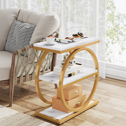 Narrow End Table with 3 Storage Shelves, Wood Side Table for Living Room