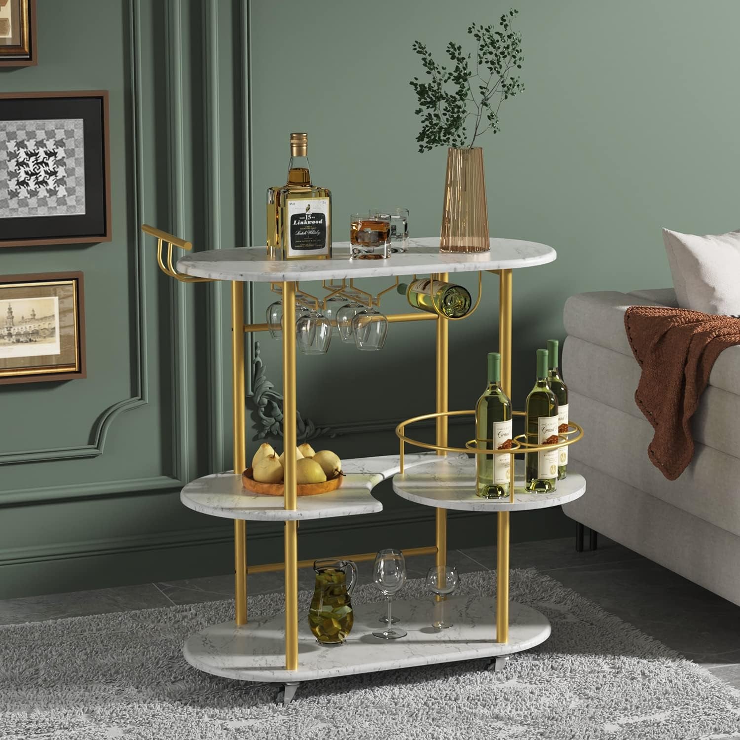 PAUKIN Gold Bar Carts with 4-Tier Storage Shelves, Mobile Bar Serving Cart with Wine Rack and Glass Holder, for the Home, Kitchen, Living Room, Dining Room