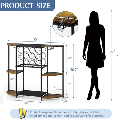 Jksmart Wine Bar Cabinet with LED Lights, Mini Wine Rack with Storage and Glass Holder, Home Bar Cart for Liquor, 3-Tier Bar Table for Kitchen, Dining Room, Living Room, Rustic Brown