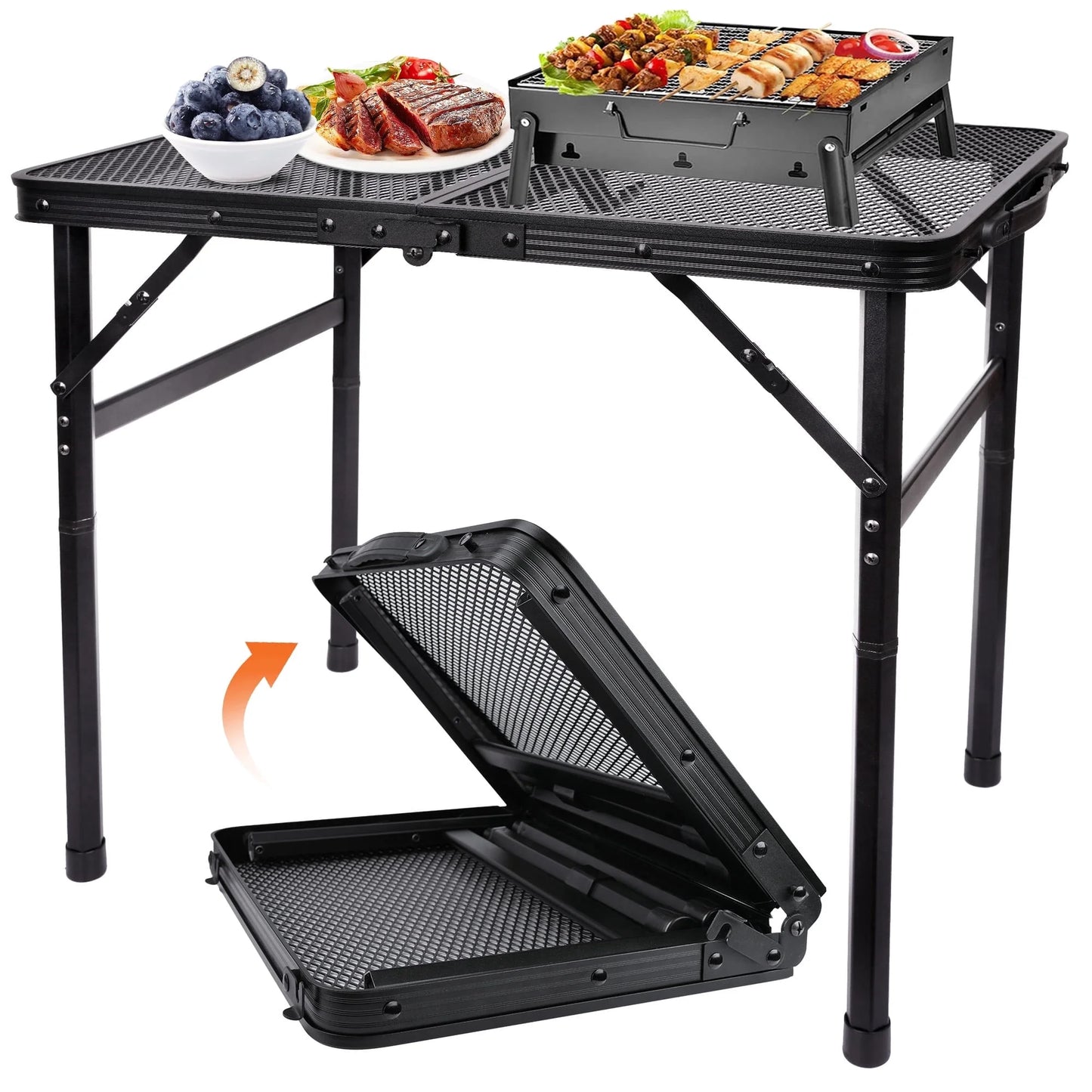 Tiagowell Lightweight Folding Grill Table with Mesh Desktop, Camping Table Folding Portable Camp Aluminum ,Picnic, Backyard, BBQ, Patio, Black