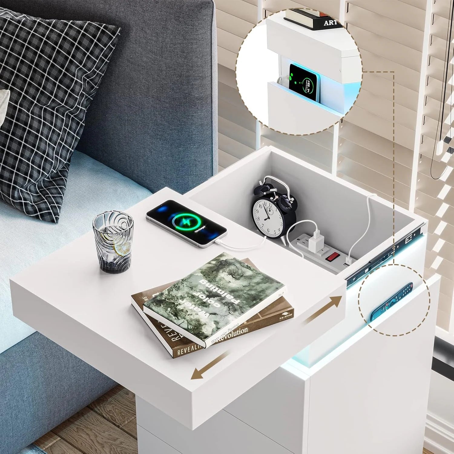 Bedroom Nightstand Charging Station LED Lights Sliding Top Drawers