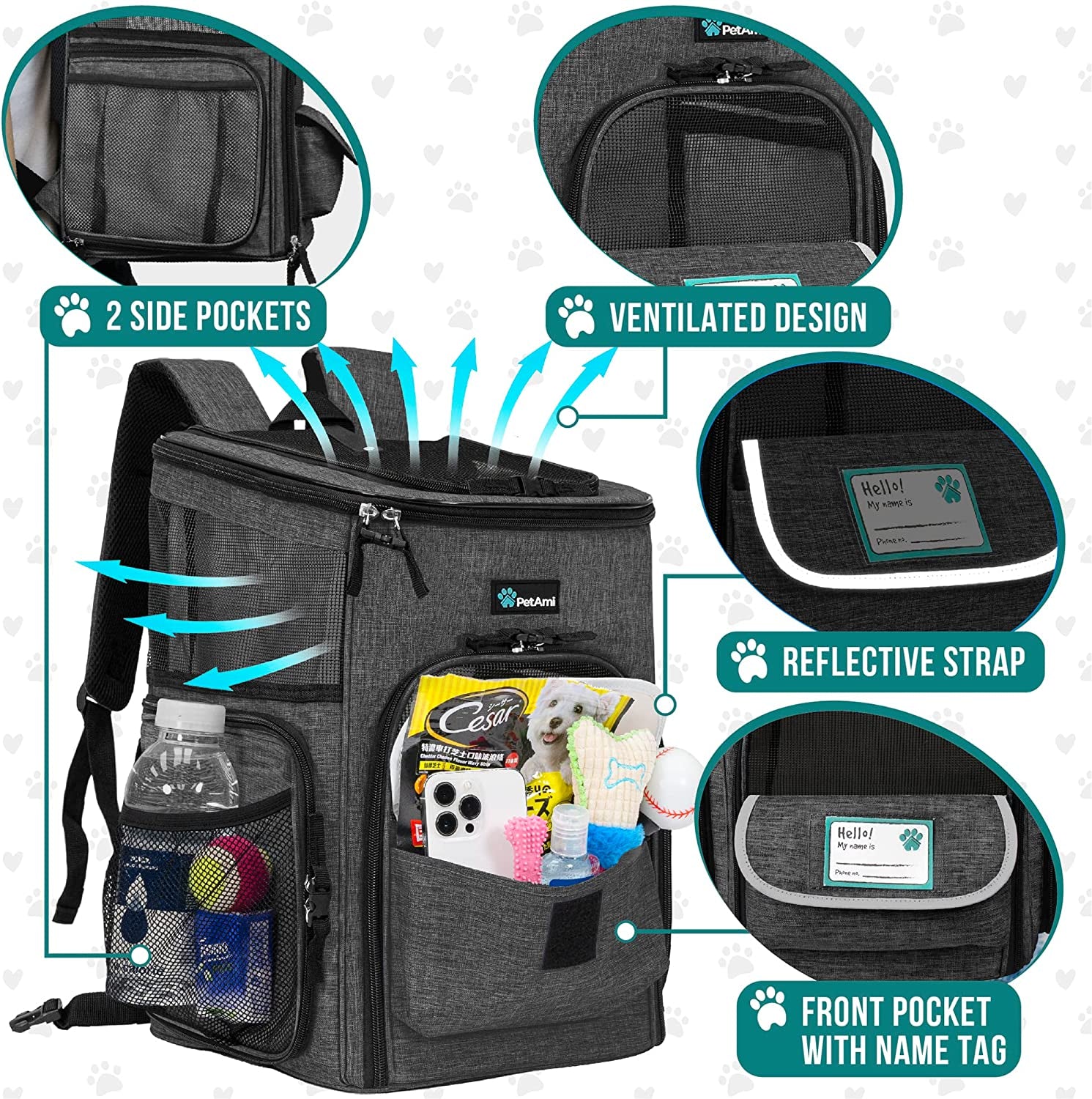 Petami Dog Backpack Carrier, Airline Approved 4-Way Entry Cat Backpack Carrier, Ventilated Mesh, Collapsible Pet Carrier for Small Puppy, Kitten, Hiking, Travel Car, Vet, up to 18 Lbs, Charcoal Gray