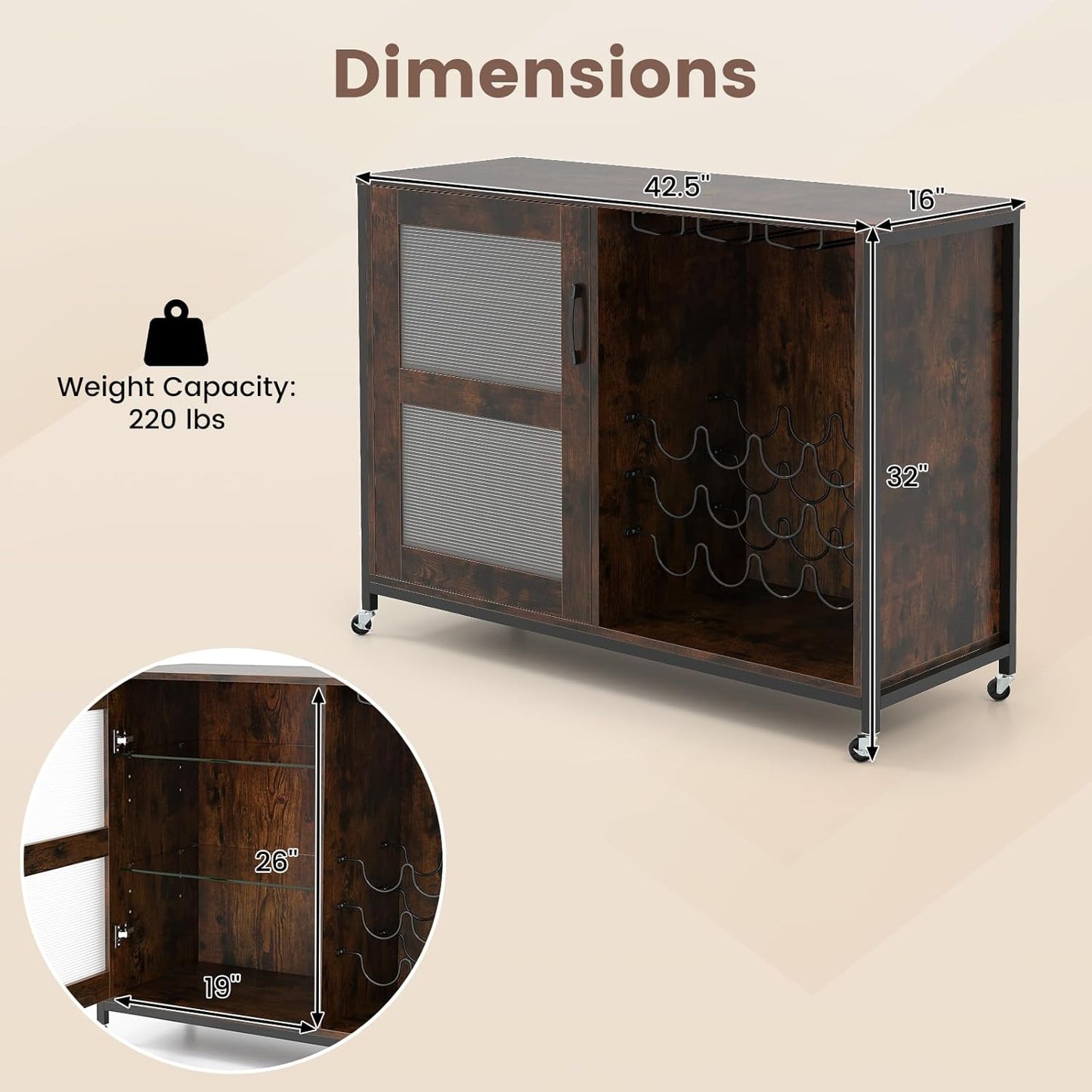 GOFLAME Wine Bar Cabinet on Wheels, Liquor Buffet Sideboard with LED Lights, Storage Shelves, Glass Holders & Wine Racks, Industrial Coffee Cart Station for Kitchen Dining Room, Rustic Brown