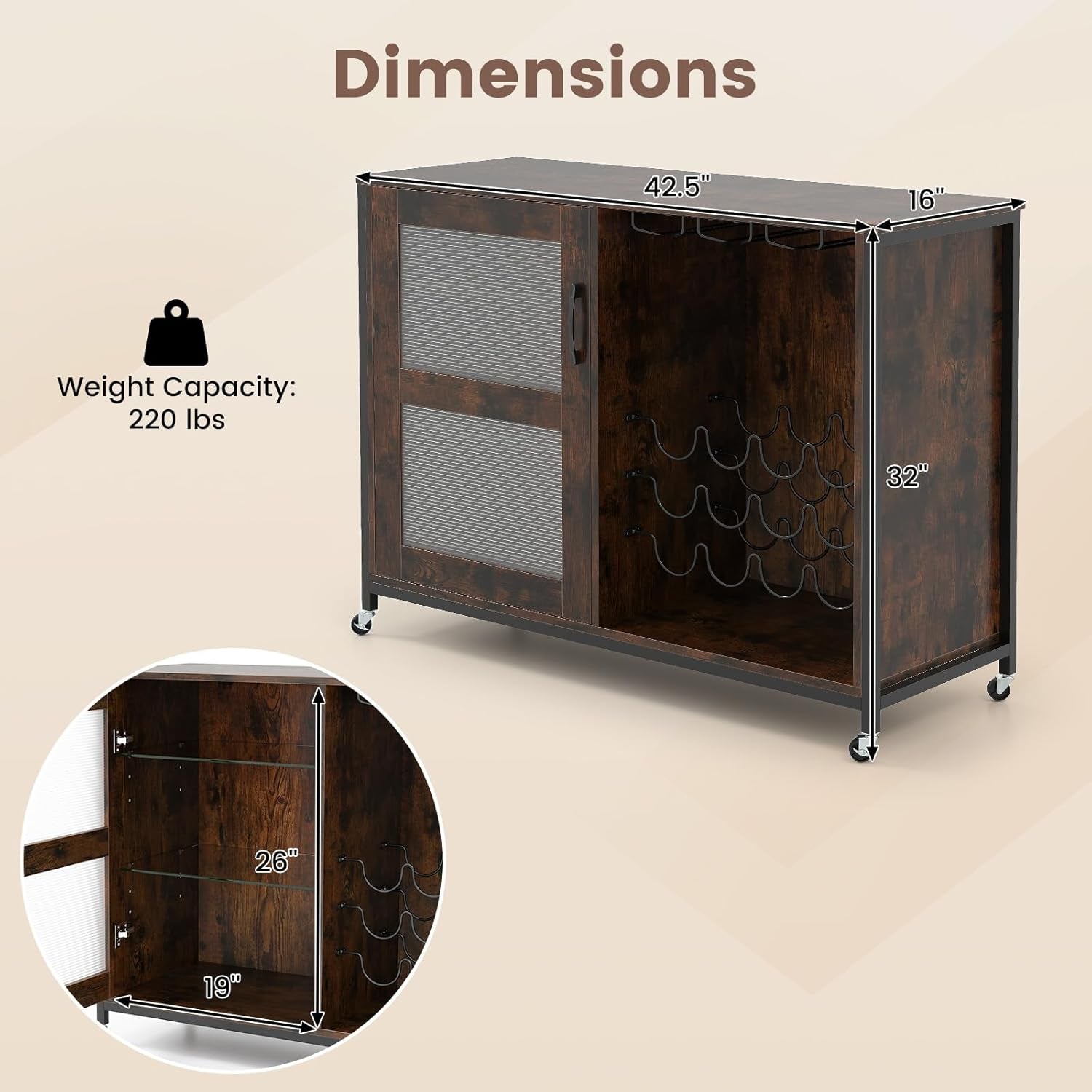 GOFLAME Wine Bar Cabinet on Wheels, Liquor Buffet Sideboard with LED Lights, Storage Shelves, Glass Holders & Wine Racks, Industrial Coffee Cart Station for Kitchen Dining Room, Rustic Brown