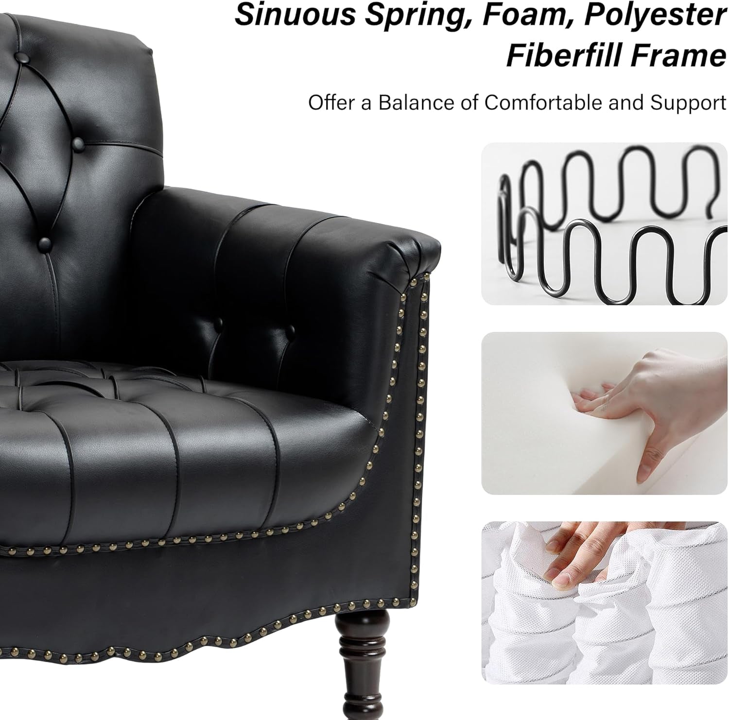 DREAMSIDEA Faux Leather Accent Chair, PU Leather Modern Comfy Upholstered Armchair with Wood Legs & Nailhead Trim for Living Room, Bedroom (Black,Set of 2)