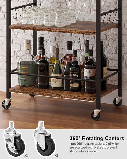 TUTOTAK Bar Cart, Home Bar Serving Cart with 3-Tier Shelf, Drink Cart with Wine Rack, Glass Holder, Rolling Bar Carts for the Home, Living Room, Brown BC01BB035