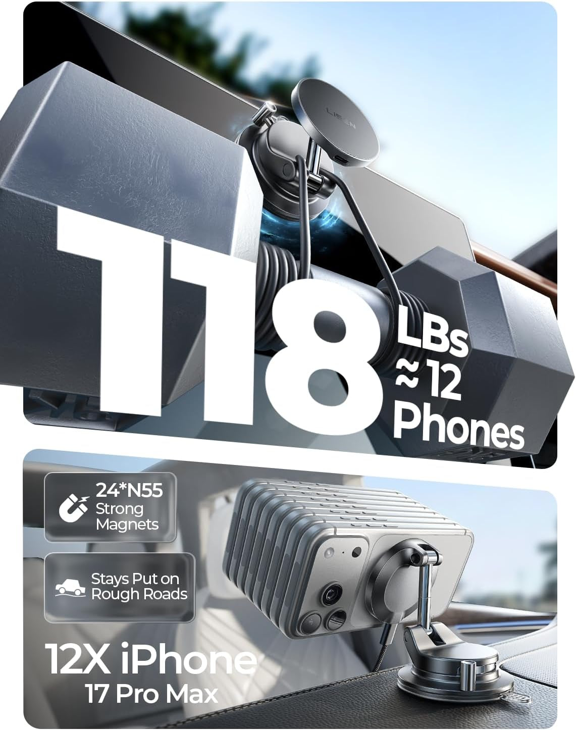 LISEN 15W Magsafe Car Mount Charger, Suction Cup Phone Mount, Magnetic Wireless Car Charger, Vacuum Magnetic Phone Holder Car Mount for Iphone 17 Pro Max 16 15 14 13 12, Samsung S26/S25, Pixel 10 Pro