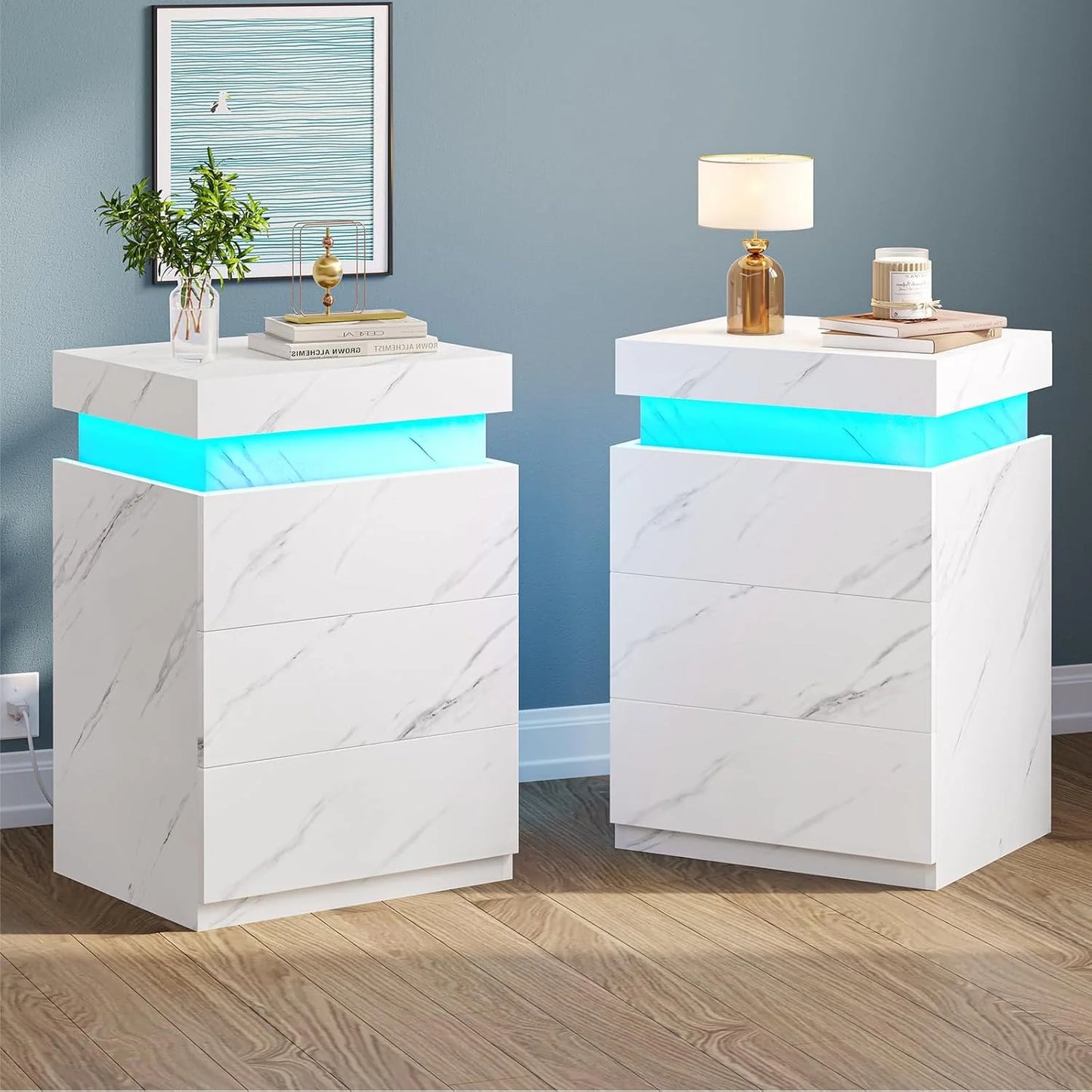 Bedroom Nightstand Charging Station LED Lights Sliding Top Drawers