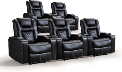 CANMOV Electric Power Recliner Chair with USB Ports and Cup Holders, Breathable Leather Home Theater Seating with Hidden Arm Storage (Black)