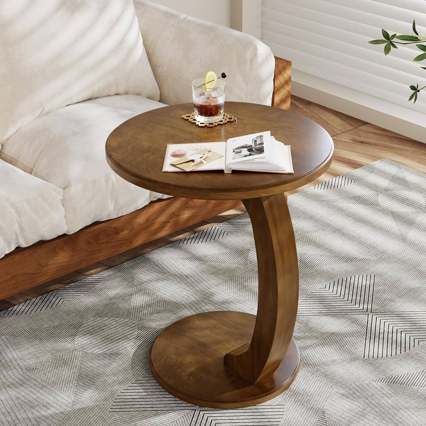 Solid Wood round End Table Mid Century C-Shaped Side Table for Living Room & Bedroom