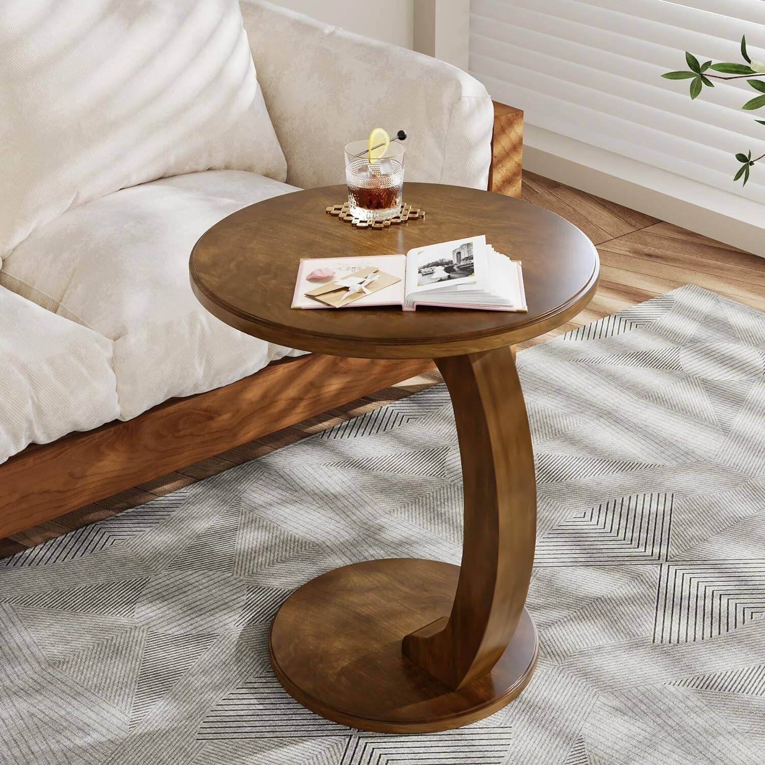 Solid Wood round End Table Mid Century C-Shaped Side Table for Living Room & Bedroom