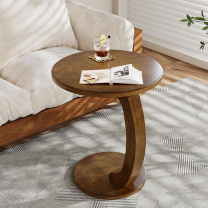 Solid Wood round End Table Mid Century C-Shaped Side Table for Living Room & Bedroom