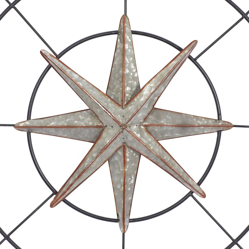 Metal Indoor Outdoor Compass Home Gray Wall Decor with Distressed Copper like Finish