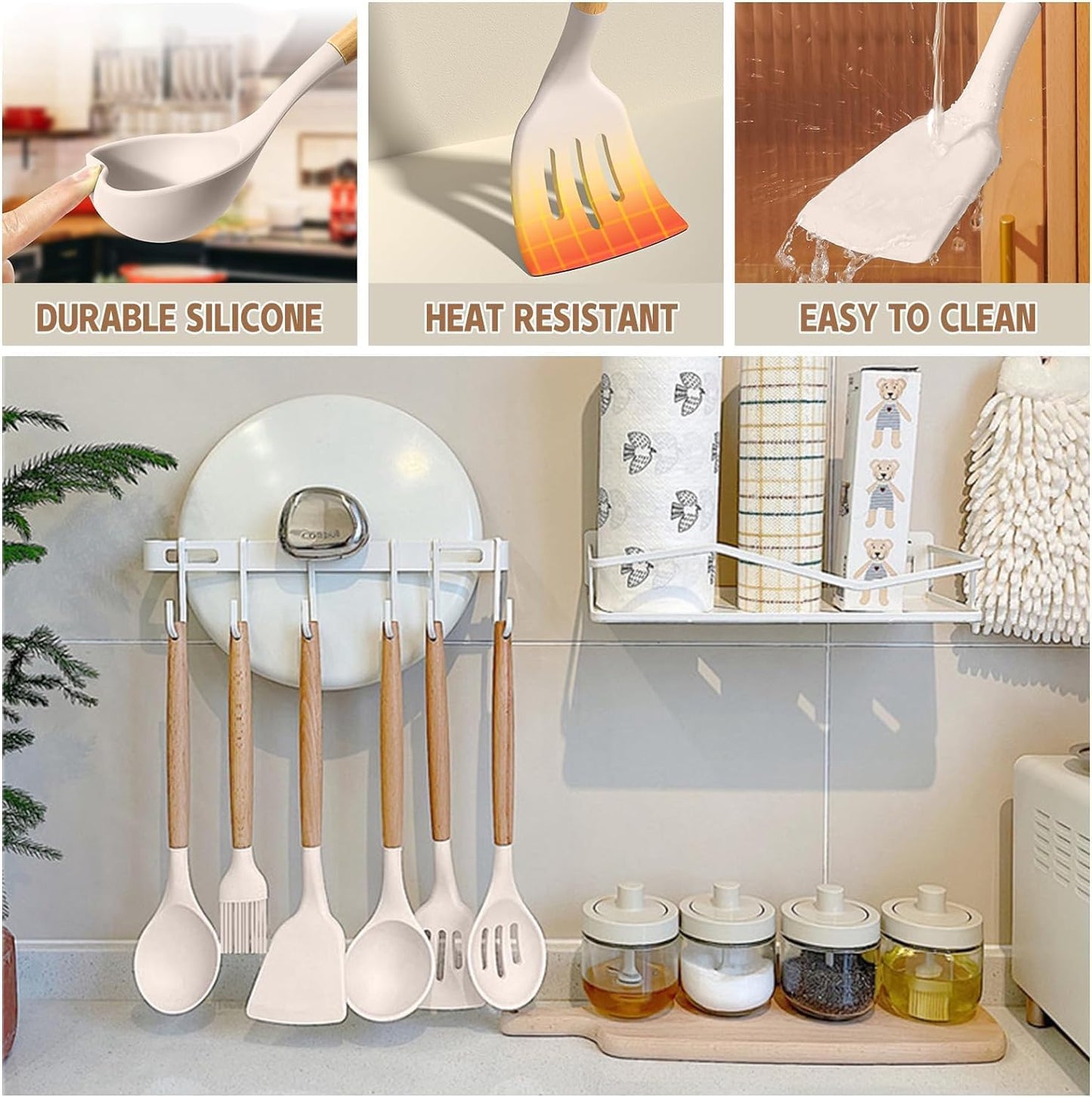 Umite Chef Kitchen Cooking Utensils Set, 33 Pcs Non-Stick Silicone Cooking Kitchen Utensils Spatula Set with Holder, Wooden Handle Silicone Kitchen Gadgets Utensil Set (Khaki)