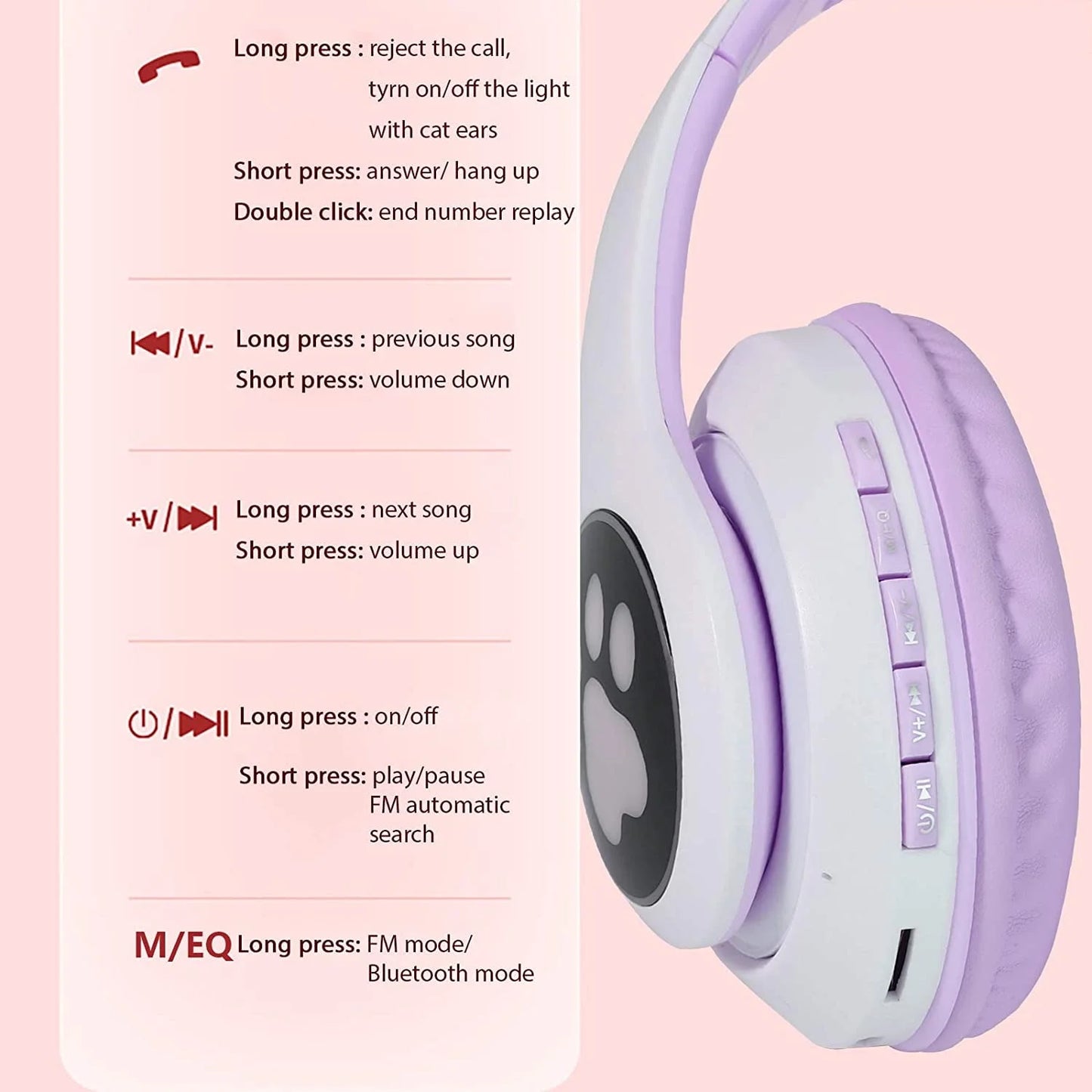 TCJJ Kids Headphones, Cat Ear Wireless Headphones, LED Light up Kids Bluetooth Headphones over on Ear W/Microphone for Phone